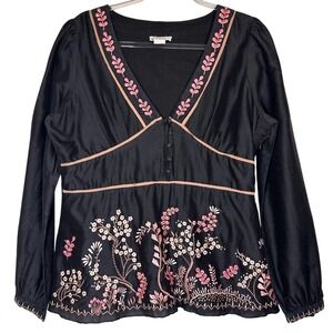 Sundance‎ Black Embroidered Blouse Size 12 Cotton Silk Puff Shoulder Boho Top